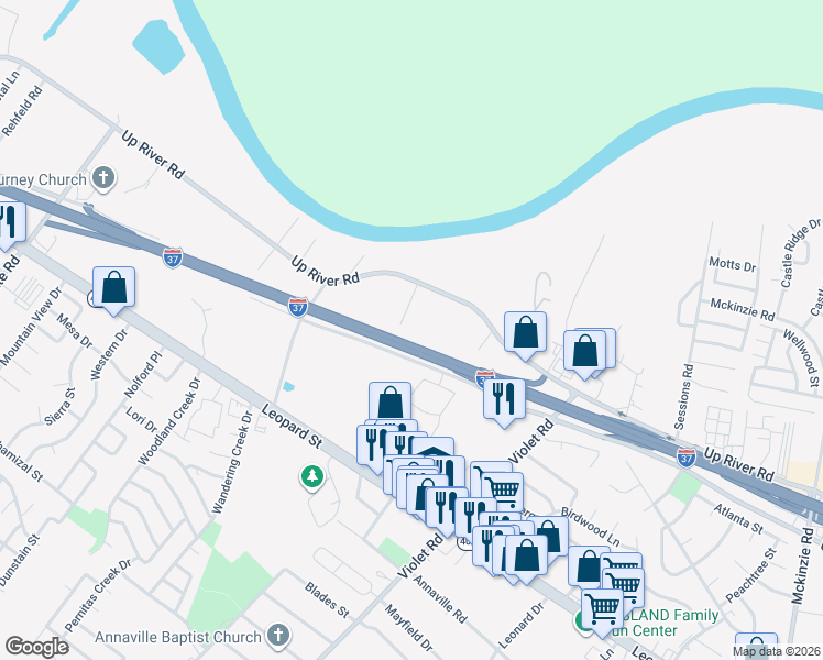 map of restaurants, bars, coffee shops, grocery stores, and more near 4617 Nuecestown Road in Corpus Christi