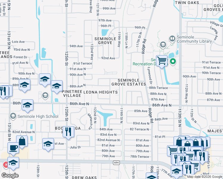 map of restaurants, bars, coffee shops, grocery stores, and more near 8781 Leona Street in Seminole