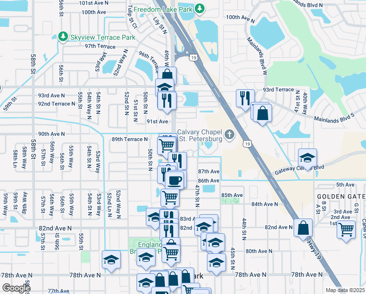 map of restaurants, bars, coffee shops, grocery stores, and more near 4701 88th Avenue North in Pinellas Park
