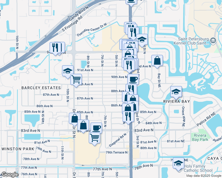 map of restaurants, bars, coffee shops, grocery stores, and more near 501 89th Avenue North in St. Petersburg
