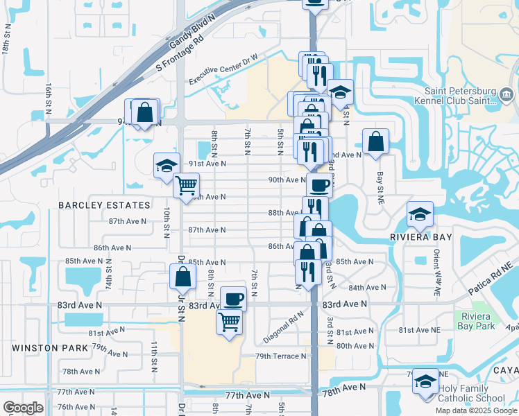 map of restaurants, bars, coffee shops, grocery stores, and more near 629 89th Avenue North in St. Petersburg