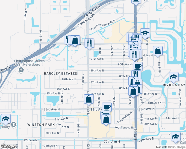map of restaurants, bars, coffee shops, grocery stores, and more near 829 89th Avenue North in St. Petersburg