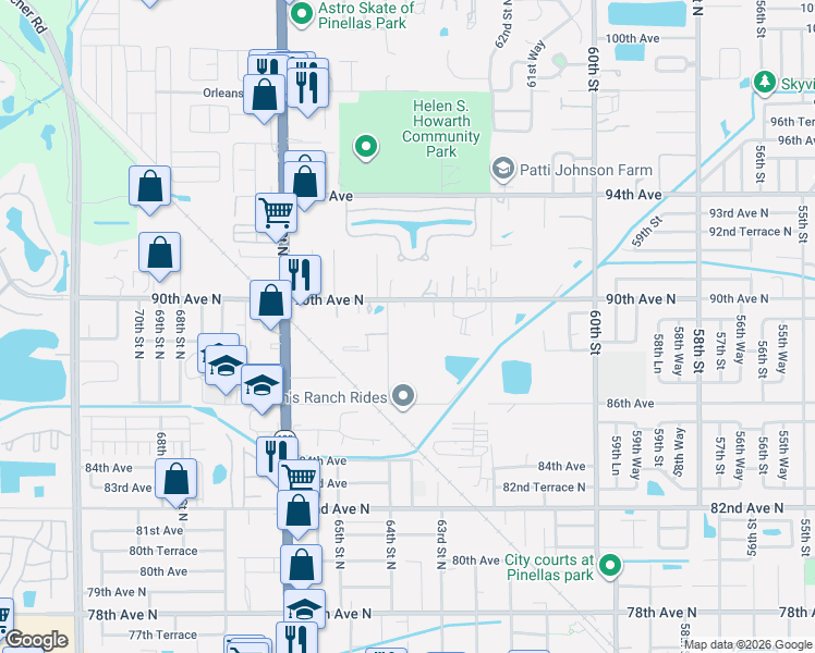 map of restaurants, bars, coffee shops, grocery stores, and more near 6370 90th Avenue North in Pinellas Park