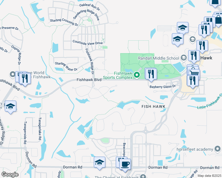 map of restaurants, bars, coffee shops, grocery stores, and more near 15973 Fishhawk View Drive in Lithia