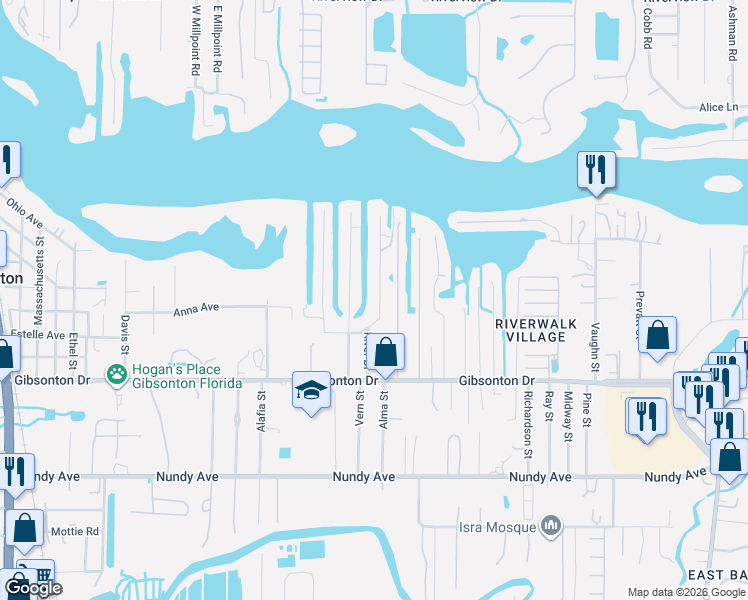 map of restaurants, bars, coffee shops, grocery stores, and more near 9930 Peninsular Drive in Gibsonton