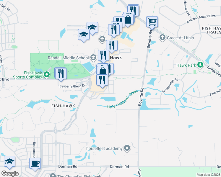 map of restaurants, bars, coffee shops, grocery stores, and more near 16604 Kingletside Court in Lithia