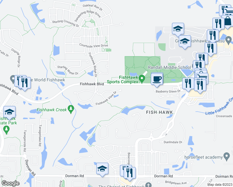 map of restaurants, bars, coffee shops, grocery stores, and more near 15945 Fishhawk View Drive in Lithia
