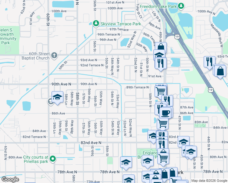 map of restaurants, bars, coffee shops, grocery stores, and more near 8897 54th Street North in Pinellas Park