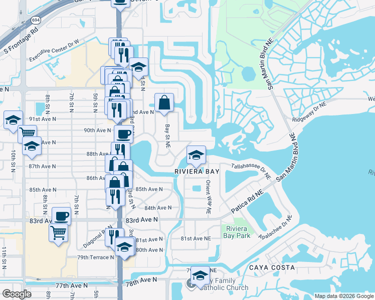 map of restaurants, bars, coffee shops, grocery stores, and more near 276 Sunlit Cove Drive Northeast in St. Petersburg