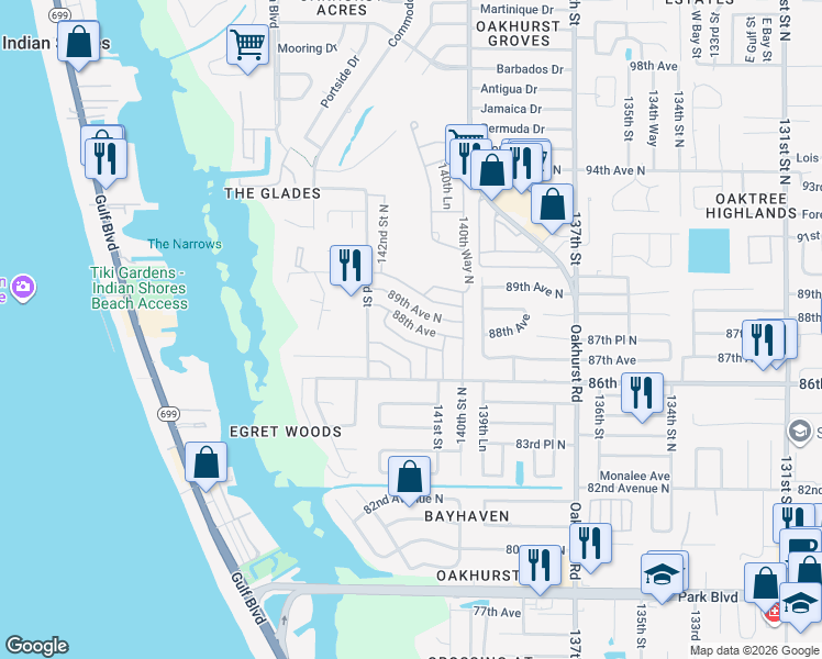 map of restaurants, bars, coffee shops, grocery stores, and more near 14104 89th Avenue North in Seminole