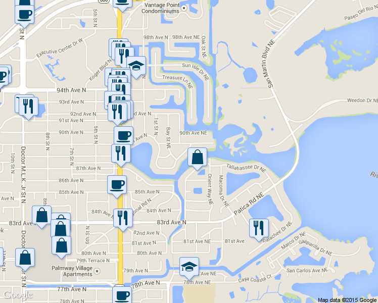 map of restaurants, bars, coffee shops, grocery stores, and more near 276 Sunlit Cove Drive Northeast in St. Petersburg