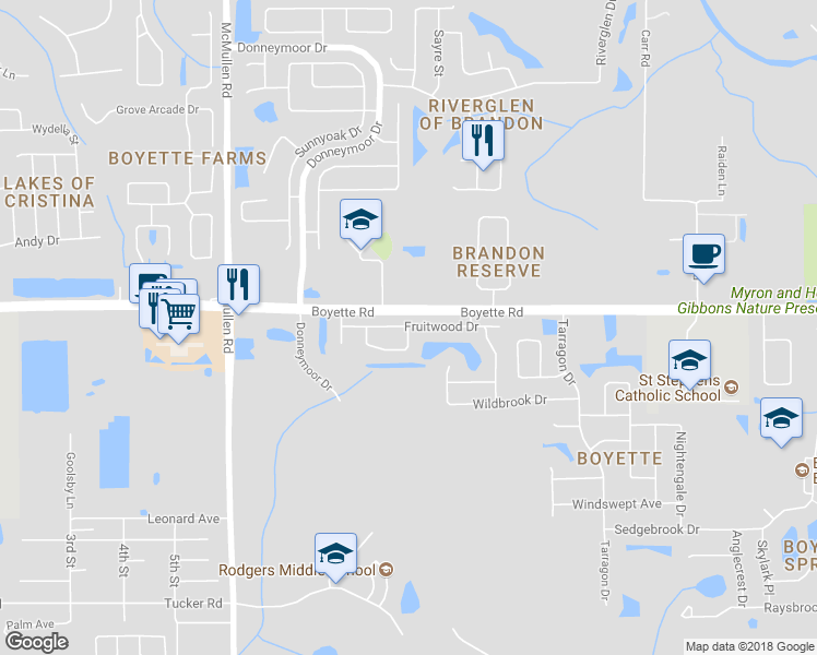 map of restaurants, bars, coffee shops, grocery stores, and more near 12061 Fruitwood Drive in Riverview