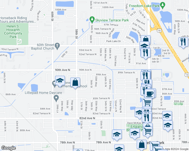 map of restaurants, bars, coffee shops, grocery stores, and more near 8890 55th Way North in Pinellas Park