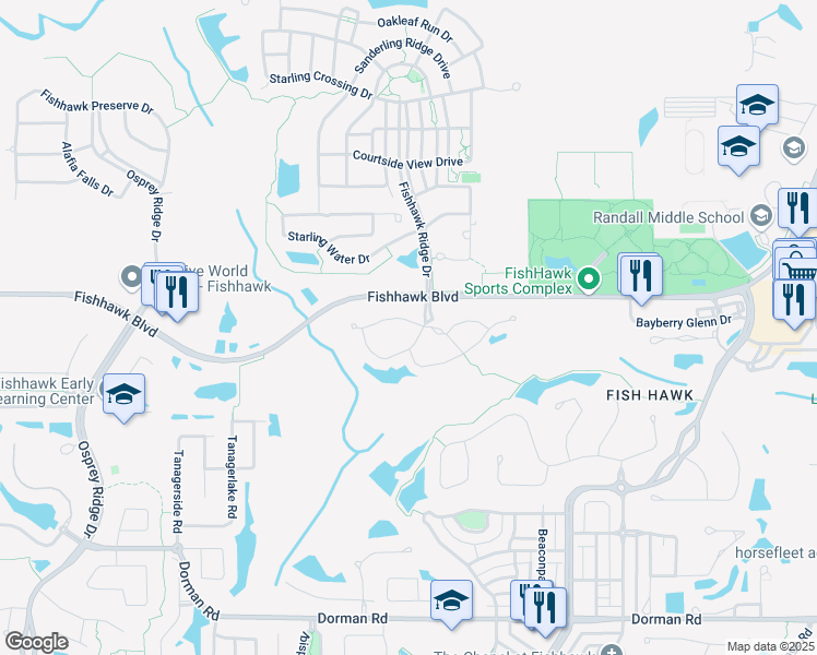 map of restaurants, bars, coffee shops, grocery stores, and more near 15789 Fishhawk Falls Drive in Lithia