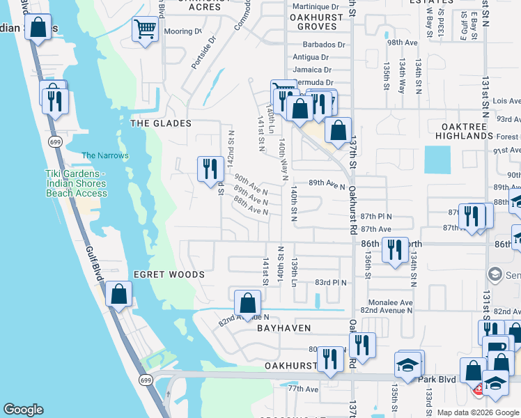 map of restaurants, bars, coffee shops, grocery stores, and more near 14104 89th Avenue North in Seminole