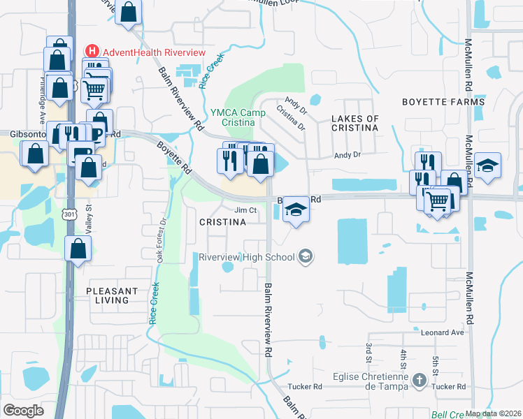 map of restaurants, bars, coffee shops, grocery stores, and more near 11330 Jim Court in Riverview