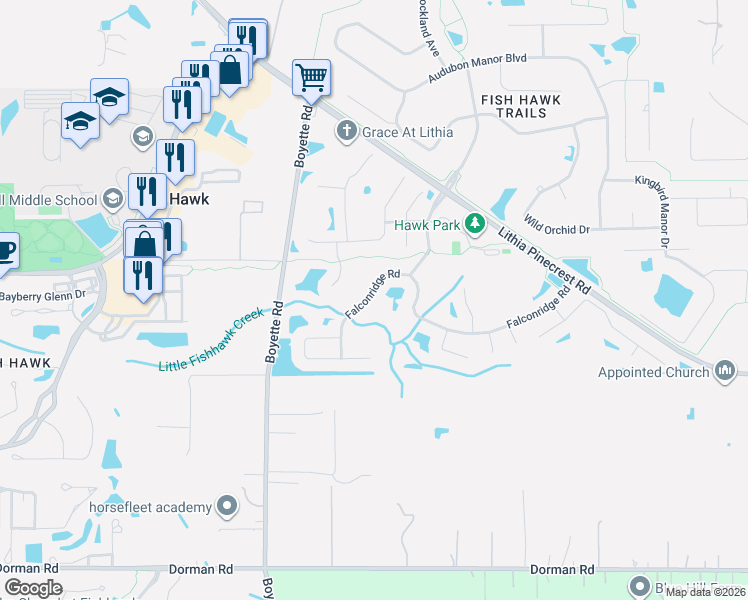 map of restaurants, bars, coffee shops, grocery stores, and more near 16912 Falconridge Road in Lithia