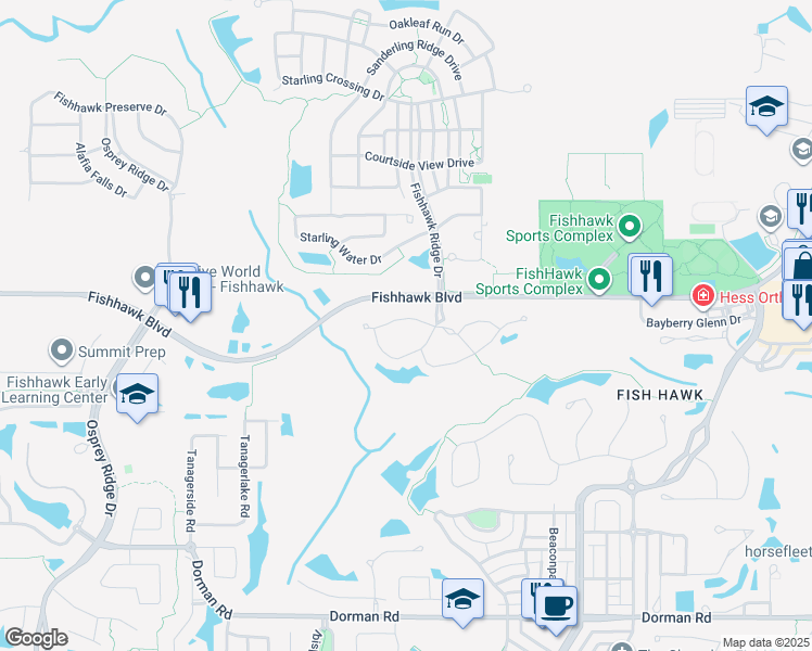map of restaurants, bars, coffee shops, grocery stores, and more near 15764 Fishhawk Falls Drive in Lithia