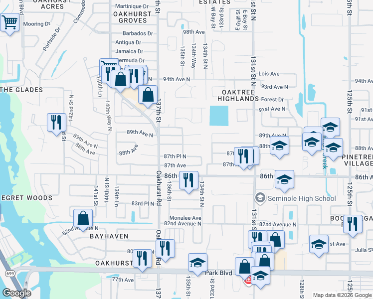 map of restaurants, bars, coffee shops, grocery stores, and more near 8785 Wildwood Lane in Seminole