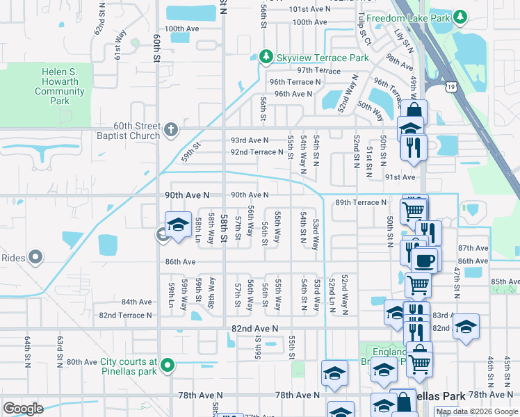 map of restaurants, bars, coffee shops, grocery stores, and more near 5600 90th Avenue North in Pinellas Park