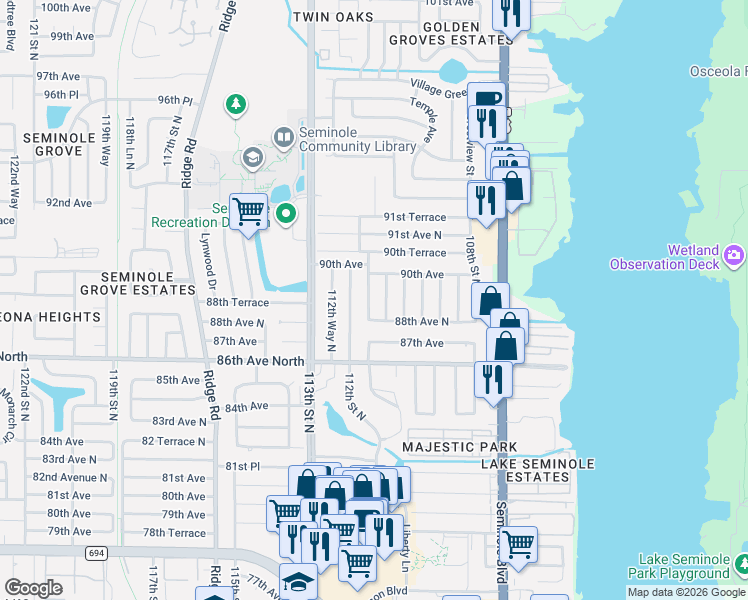 map of restaurants, bars, coffee shops, grocery stores, and more near 8879 111th Street North in Seminole
