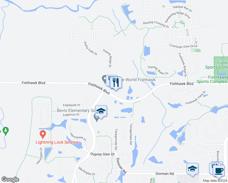 map of restaurants, bars, coffee shops, grocery stores, and more near 15268 Fishhawk Boulevard in Lithia