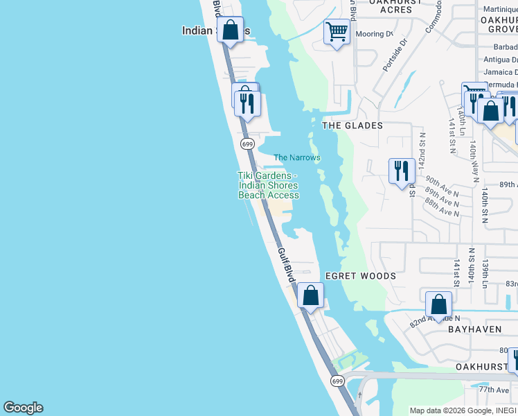 map of restaurants, bars, coffee shops, grocery stores, and more near 19530 Gulf Boulevard in Indian Shores