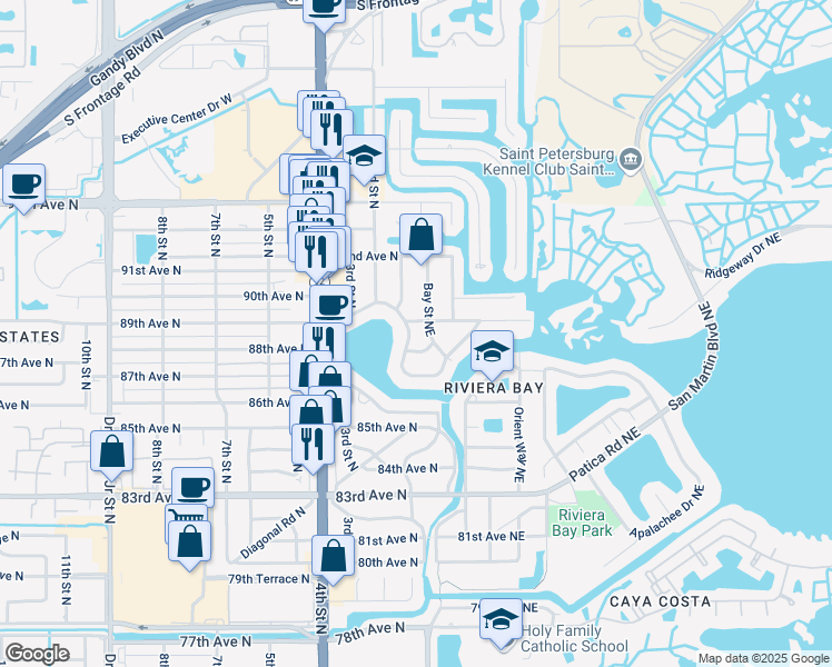map of restaurants, bars, coffee shops, grocery stores, and more near 8900 Bay Street Northeast in St. Petersburg