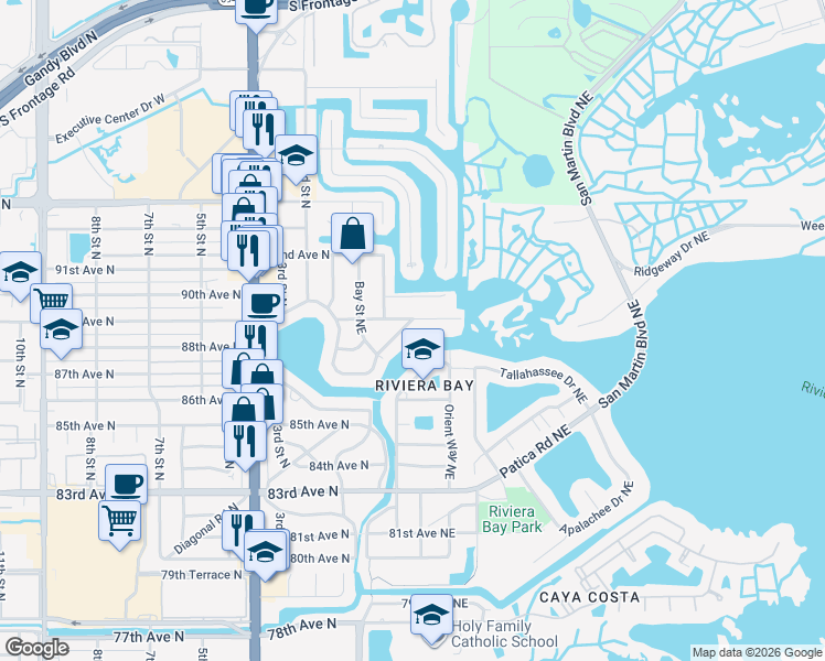 map of restaurants, bars, coffee shops, grocery stores, and more near 311 89th Avenue Northeast in St. Petersburg
