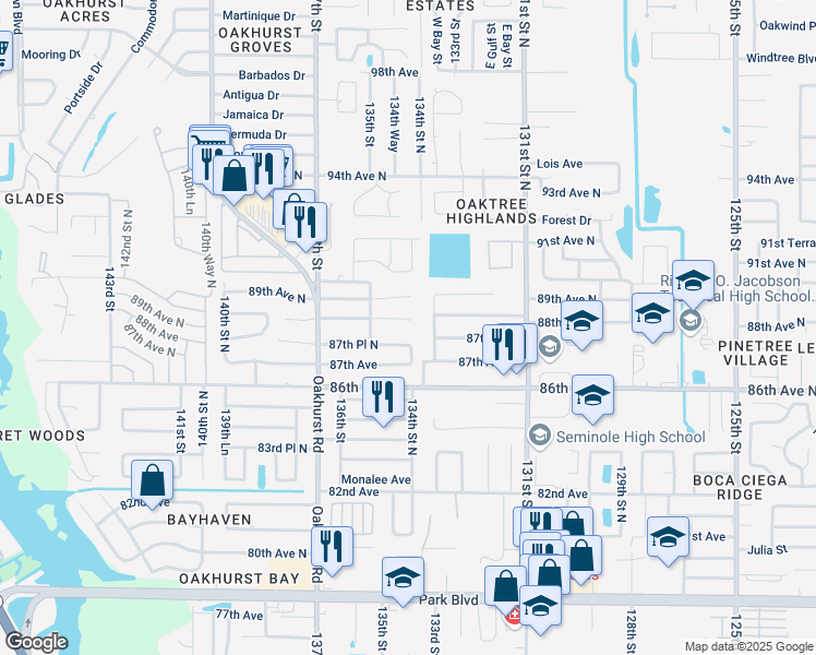map of restaurants, bars, coffee shops, grocery stores, and more near 8872 134th Street North in Seminole