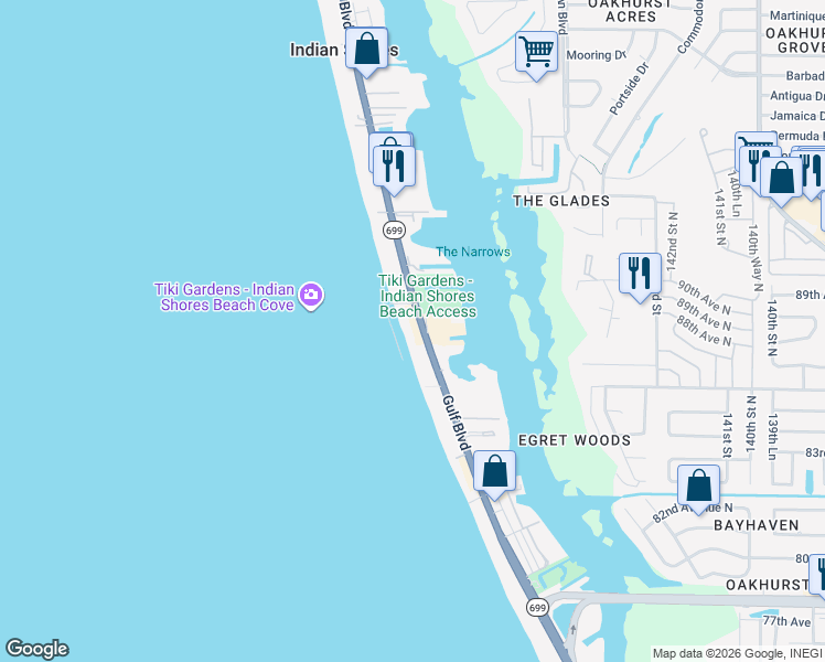 map of restaurants, bars, coffee shops, grocery stores, and more near 19534 Gulf Boulevard in Indian Shores