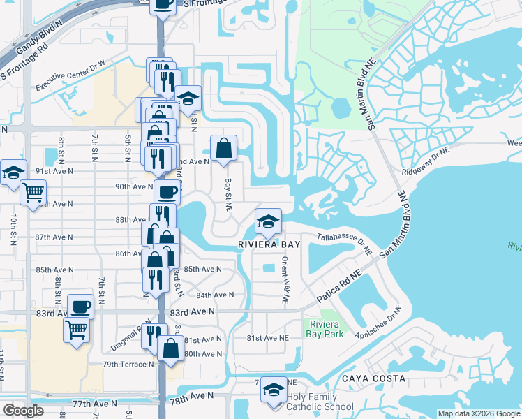 map of restaurants, bars, coffee shops, grocery stores, and more near 311 89th Avenue Northeast in St. Petersburg