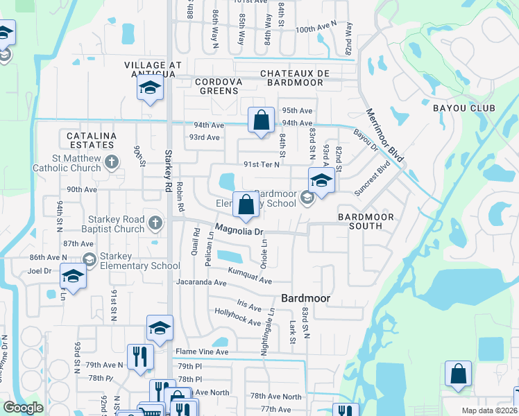 map of restaurants, bars, coffee shops, grocery stores, and more near 8973 85th Street North in Seminole