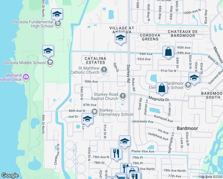 map of restaurants, bars, coffee shops, grocery stores, and more near 8943 91st Street North in Seminole