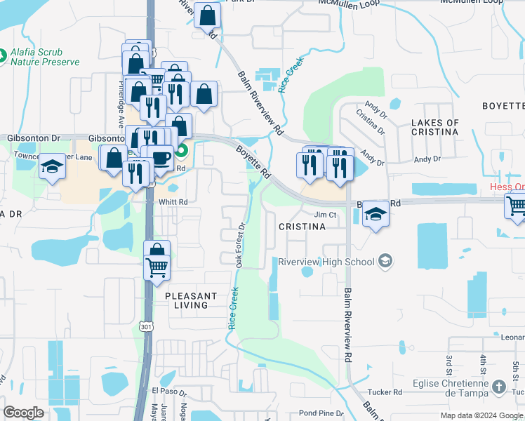 map of restaurants, bars, coffee shops, grocery stores, and more near 10106 King Oak Drive in Riverview