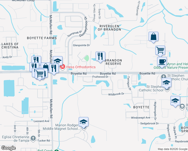 map of restaurants, bars, coffee shops, grocery stores, and more near 12104 Fruitwood Drive in Riverview