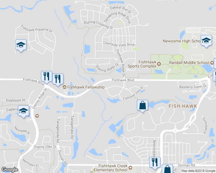 map of restaurants, bars, coffee shops, grocery stores, and more near 15730 Fishhawk Falls Drive in Lithia