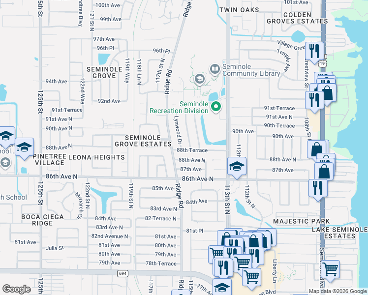 map of restaurants, bars, coffee shops, grocery stores, and more near 8891 Briarwood Drive in Seminole