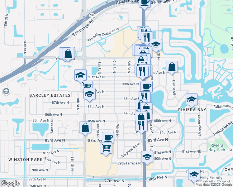 map of restaurants, bars, coffee shops, grocery stores, and more near 629 89th Avenue North in St. Petersburg