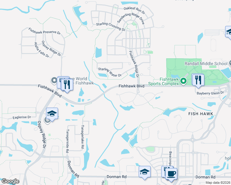 map of restaurants, bars, coffee shops, grocery stores, and more near 15708 Fishhawk Falls Drive in Lithia