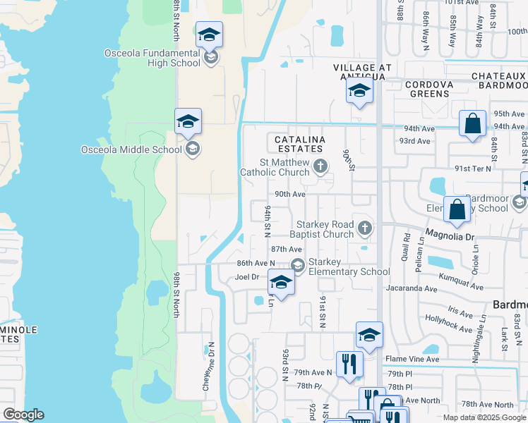 map of restaurants, bars, coffee shops, grocery stores, and more near 8896 94th Street North in Seminole