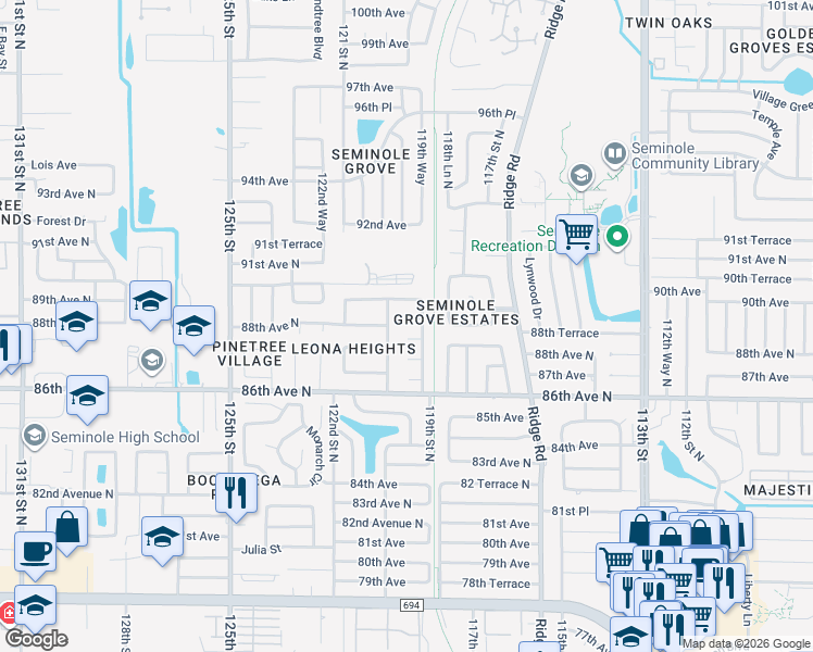 map of restaurants, bars, coffee shops, grocery stores, and more near 11974 Mandarin Court in Seminole
