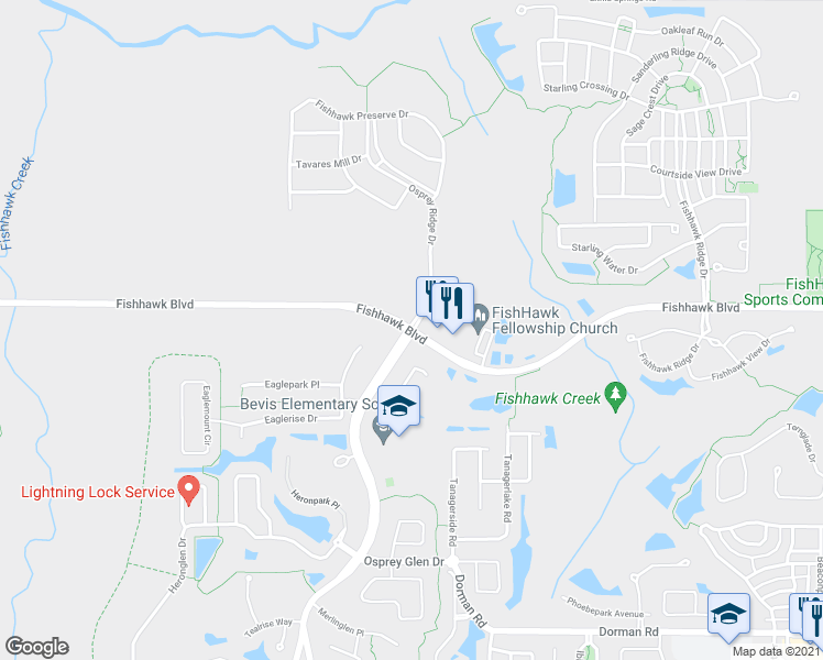map of restaurants, bars, coffee shops, grocery stores, and more near 15260 Fishhawk Boulevard in Lithia