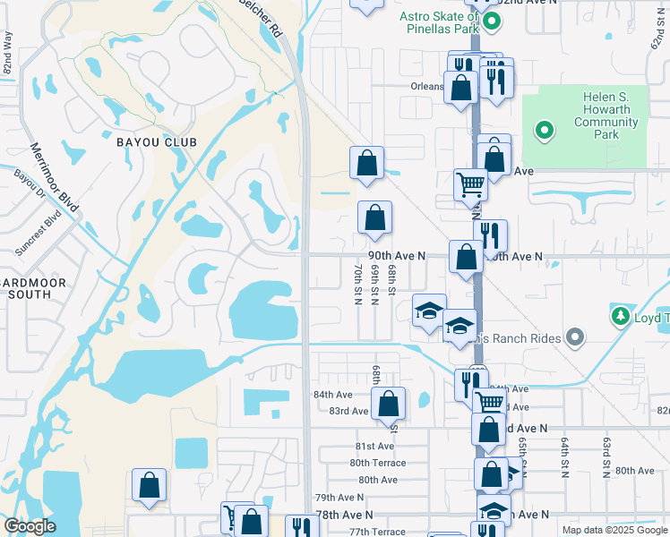 map of restaurants, bars, coffee shops, grocery stores, and more near 8950 70th Way in Pinellas Park