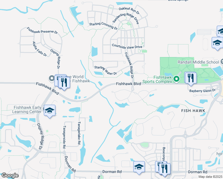 map of restaurants, bars, coffee shops, grocery stores, and more near 15712 Fishhawk Falls Drive in Lithia
