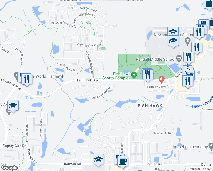 map of restaurants, bars, coffee shops, grocery stores, and more near 15950 Fishhawk Creek Lane in Lithia