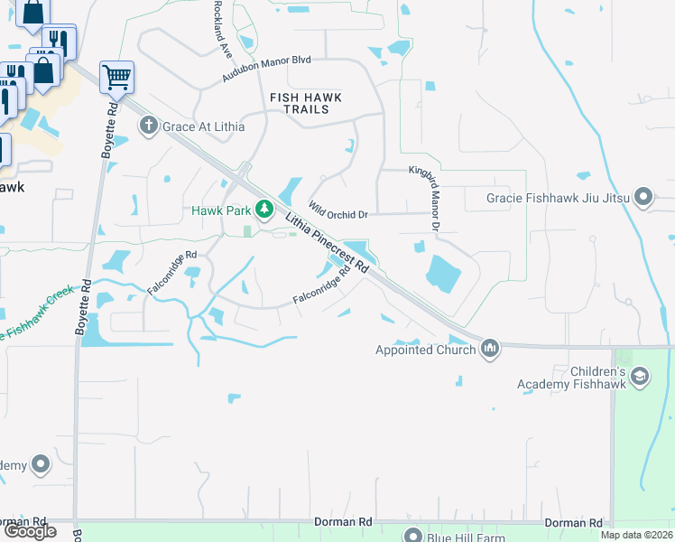 map of restaurants, bars, coffee shops, grocery stores, and more near 17128 Falconridge Road in Lithia