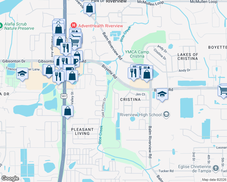 map of restaurants, bars, coffee shops, grocery stores, and more near 10904 Tall Oak Circle in Riverview