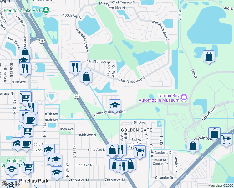 map of restaurants, bars, coffee shops, grocery stores, and more near 4001 89th Avenue in Pinellas Park