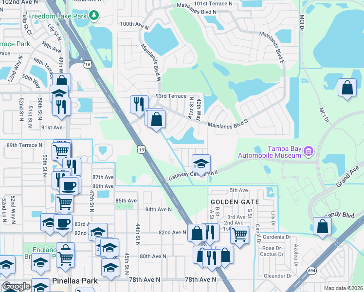 map of restaurants, bars, coffee shops, grocery stores, and more near 4113 89th Avenue in Pinellas Park